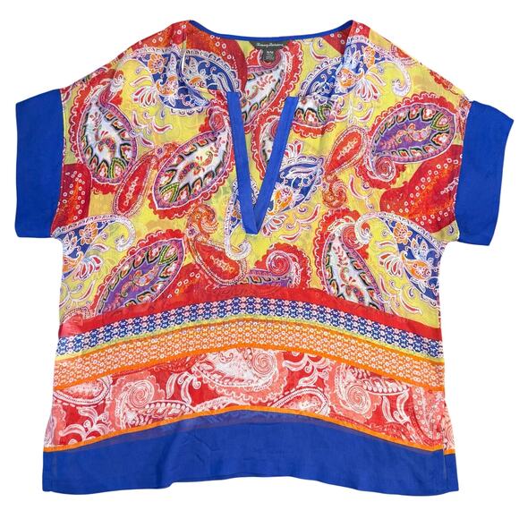 Tommy Bahama Tops - Tommy Bahama 100% Silk Blouse Paisley Sheer Colorful Beach Resort Women’s Medium